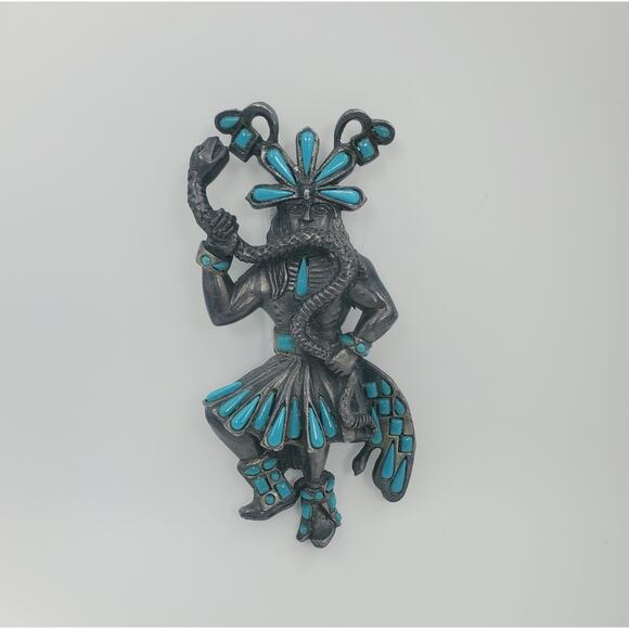 Vintage Snake Dancer Southwest Style Pendant With Inlaid Faux Turquoise - Picture 2 of 6